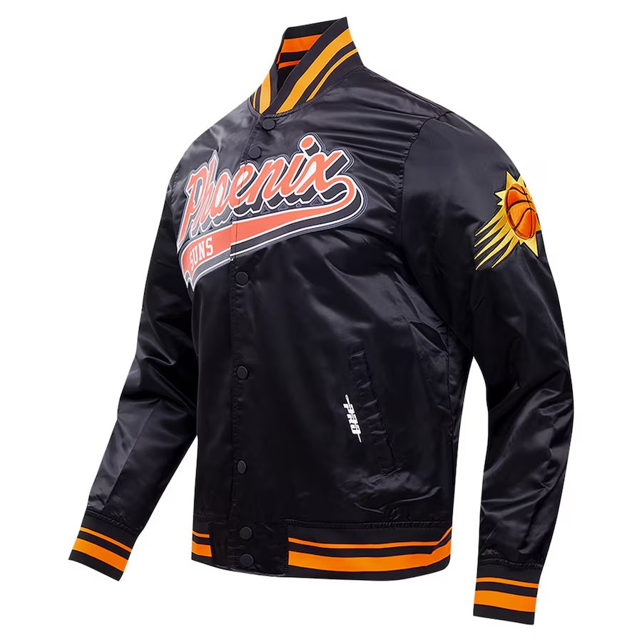 Phoenix Suns Script Tail Black Satin Varsity Jacket