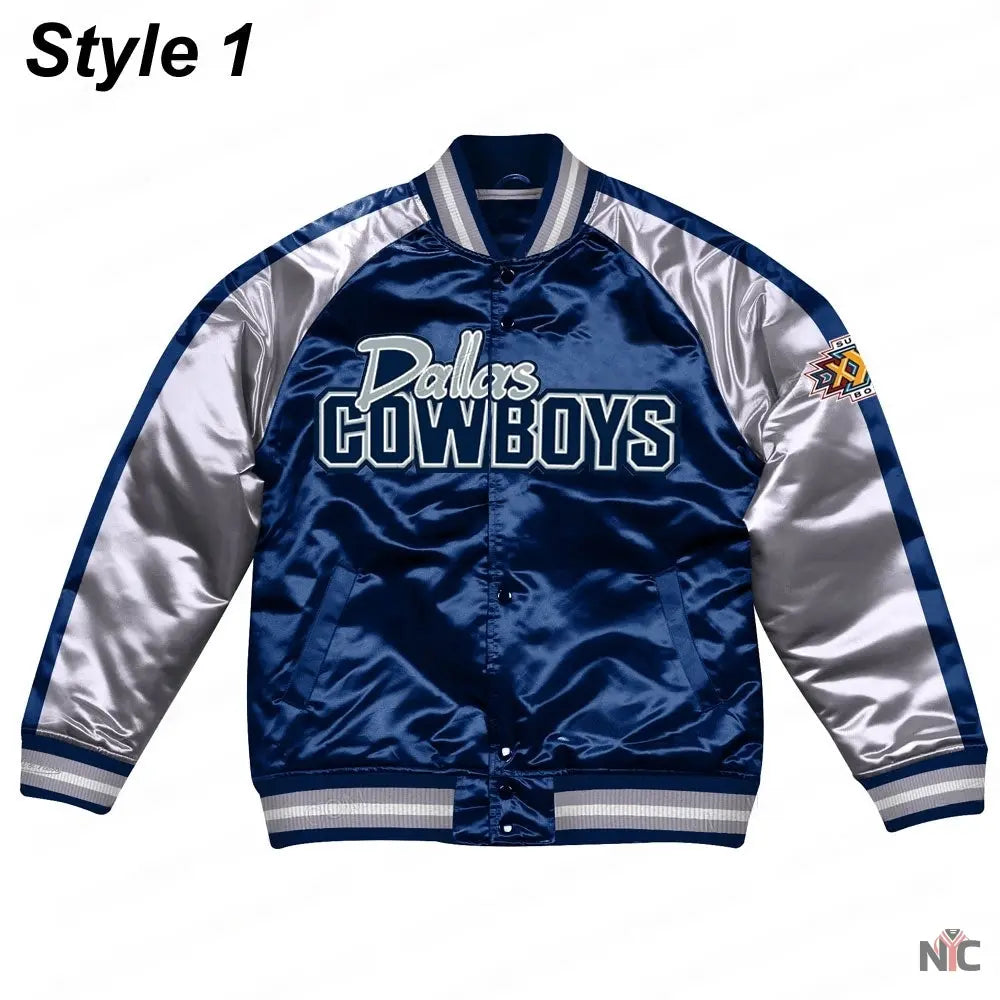 Silver Dallas Cowboys Varsity Satin Jacket NYC Jackets