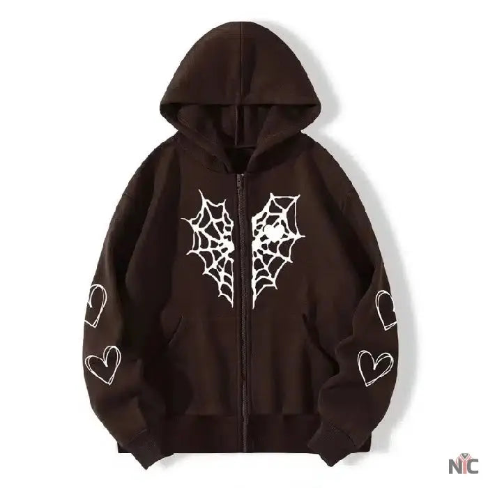 Sp5der Zipper Web & Heart Print Hoodie Brown NYC Jackets