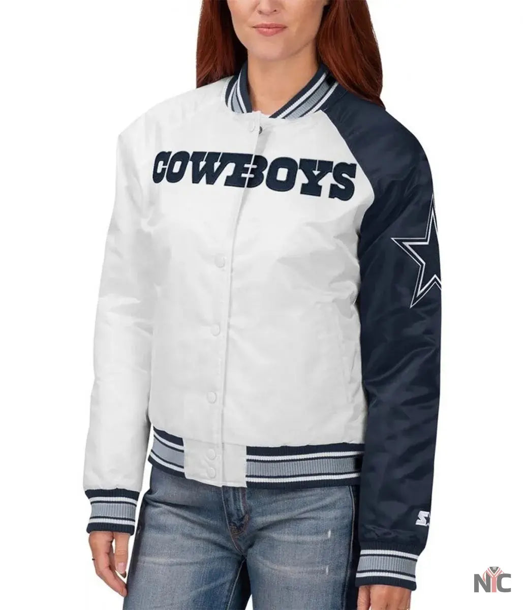 Starter Dallas Cowboys Endzone White and Blue Satin Jacket NYC Jackets