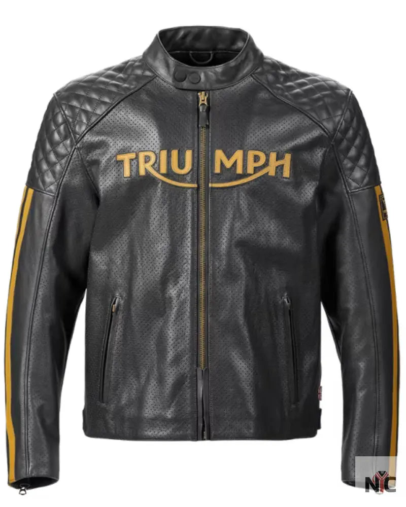 Triumph Men’s Black & Gold Motorcycle Braddan Air Race Jacket NYC Jackets