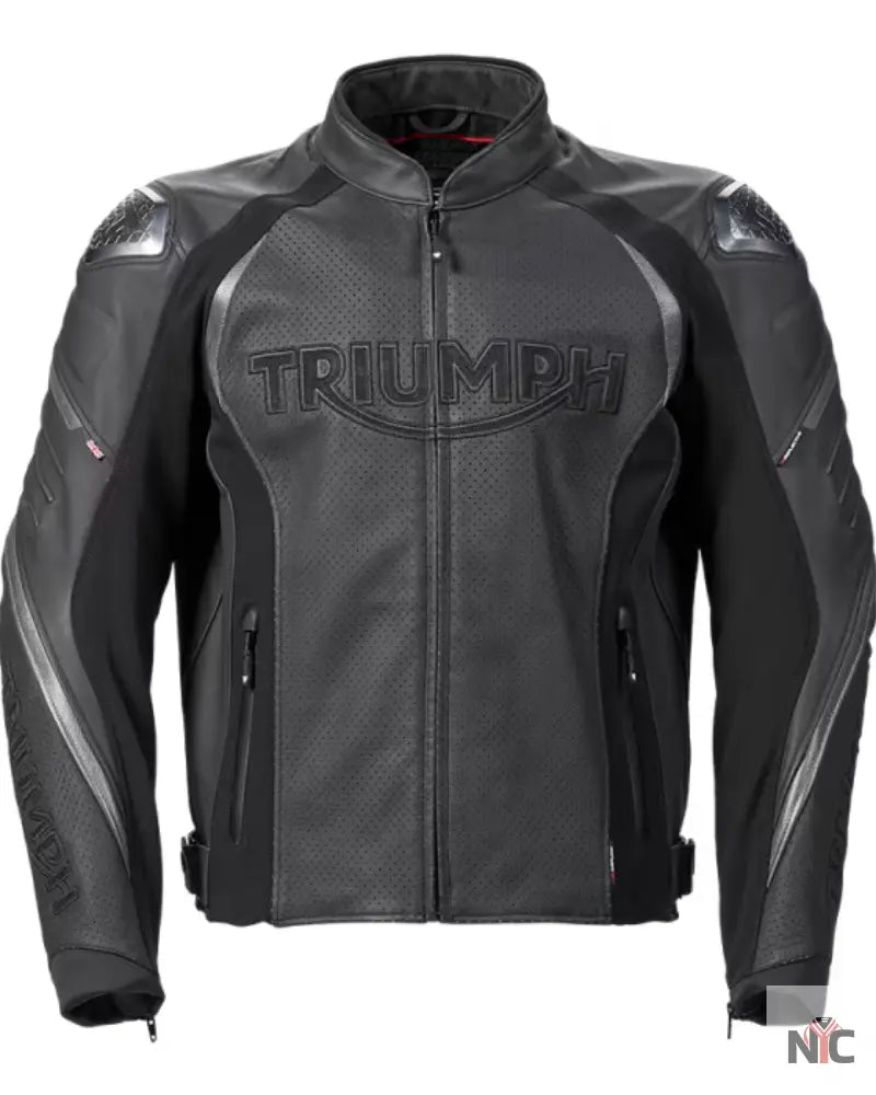 Triumph Triple Perforated Black Leather Motorcycle Jacket NYC Jackets