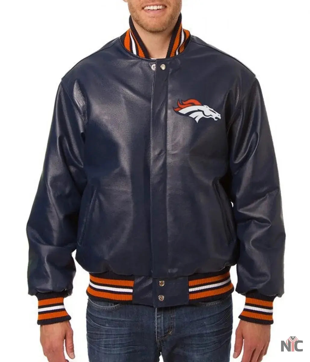 Varsity Denver Broncos Navy Blue Leather Jacket NYC Jackets