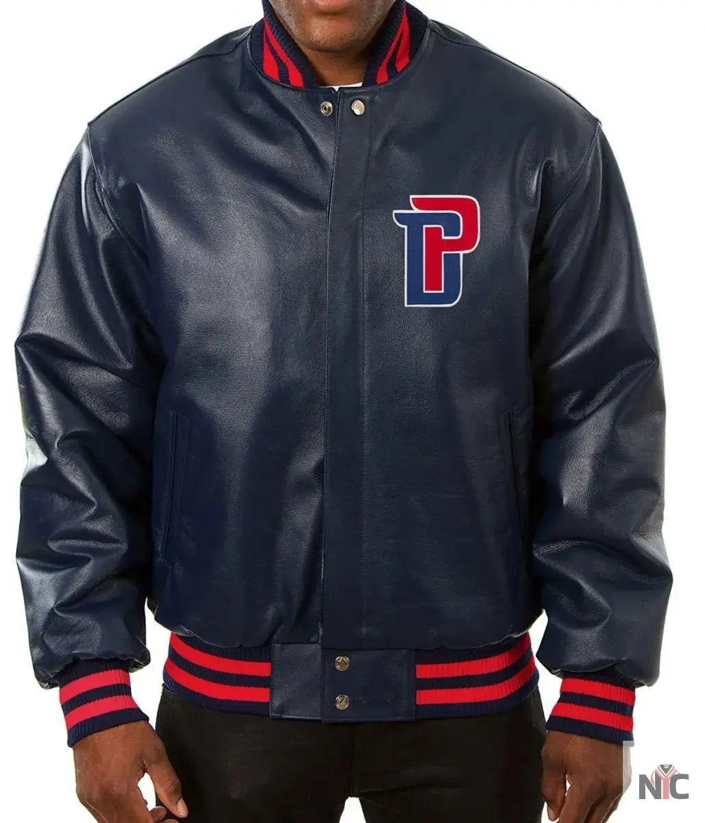 Varsity Detroit Pistons Navy Blue Leather Jacket NYC Jackets