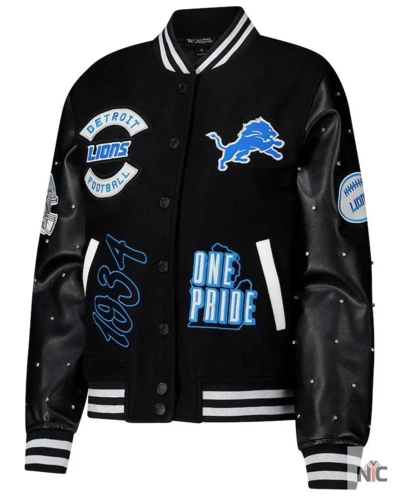 Women’s The Wild Collective Black Detroit Lions Sparkle Full-Snap Varsity Jacket NYC Jackets