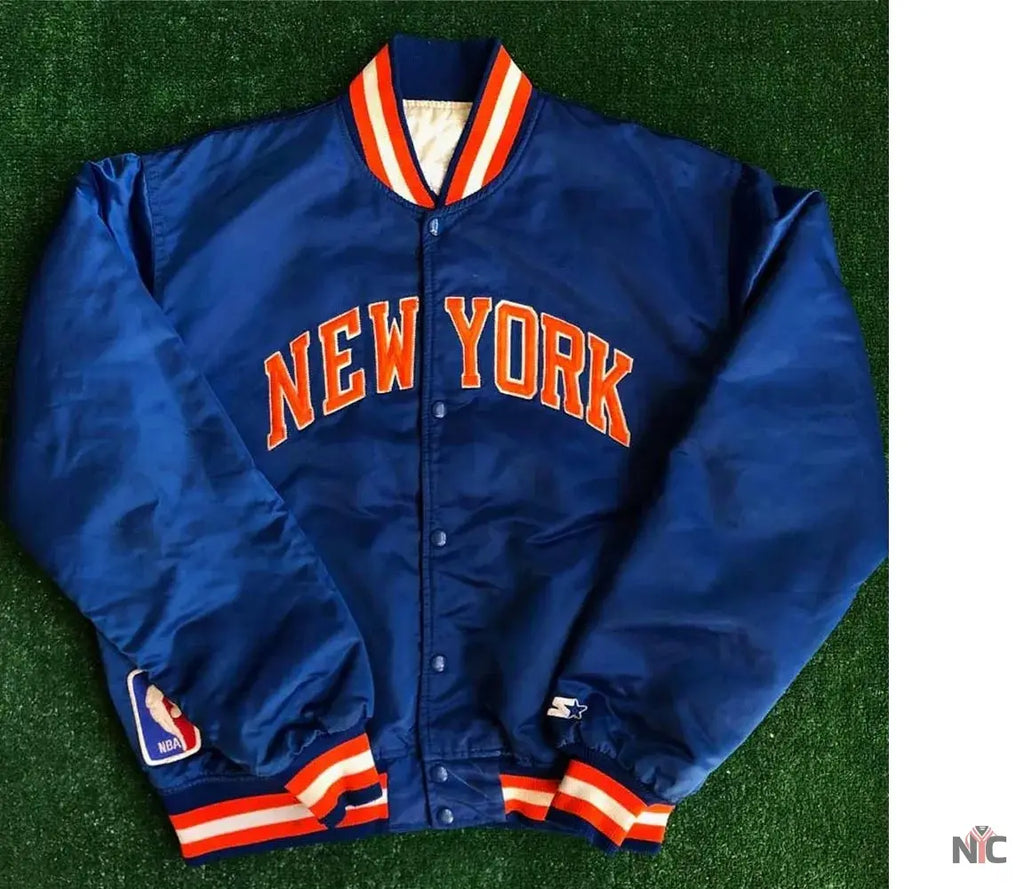 90s New York Knicks Bomber Blue Satin Jacket NYC Jackets