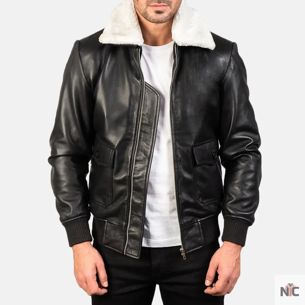 Airin G-1 Black & White Leather Bomber Jacket NYC Jackets