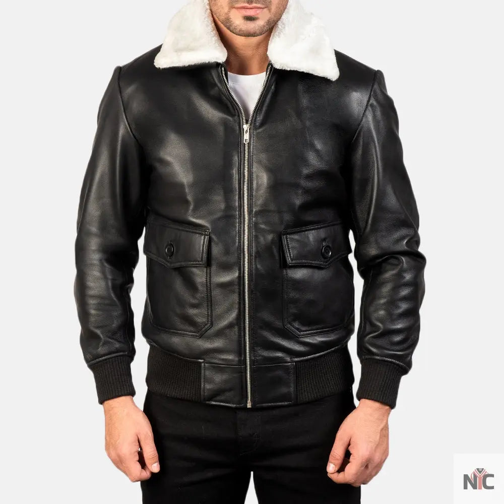 Airin G-1 Black & White Leather Bomber Jacket NYC Jackets