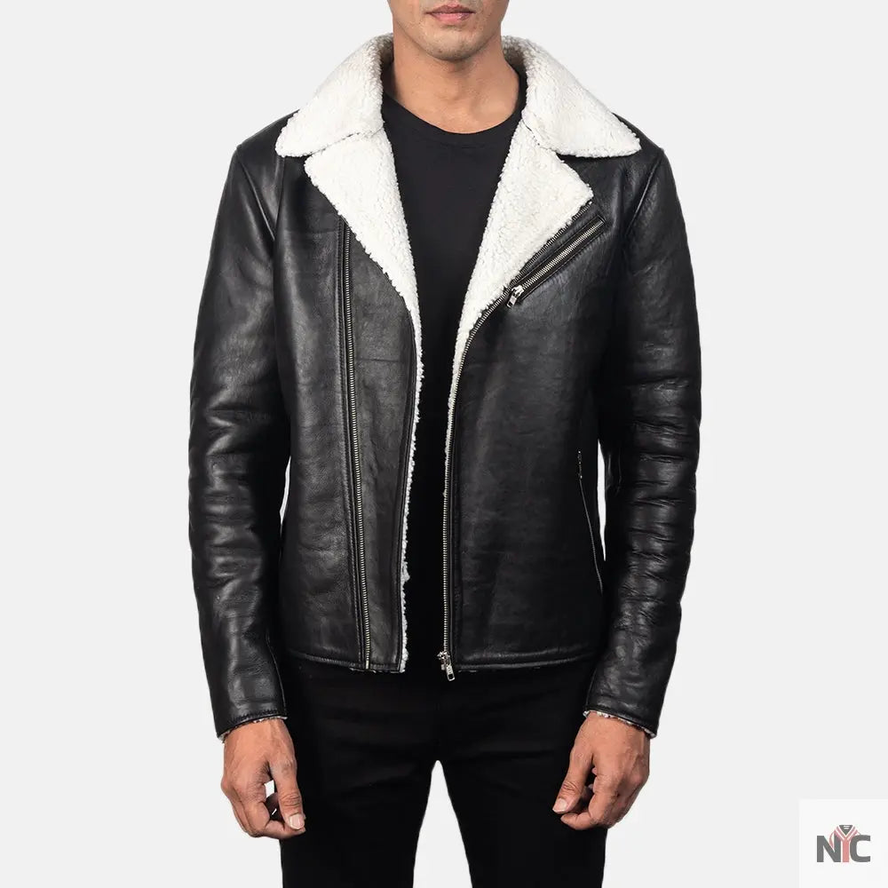 Alberto White Shearling Black Leather Jacket NYC Jackets