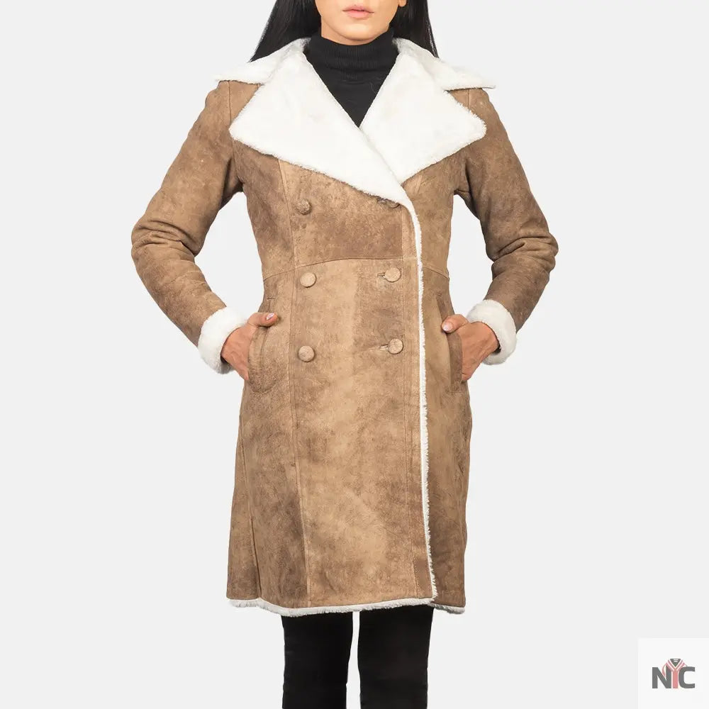 Amie Distressed Brown Double Breasted Shearling Coat NYC Jackets