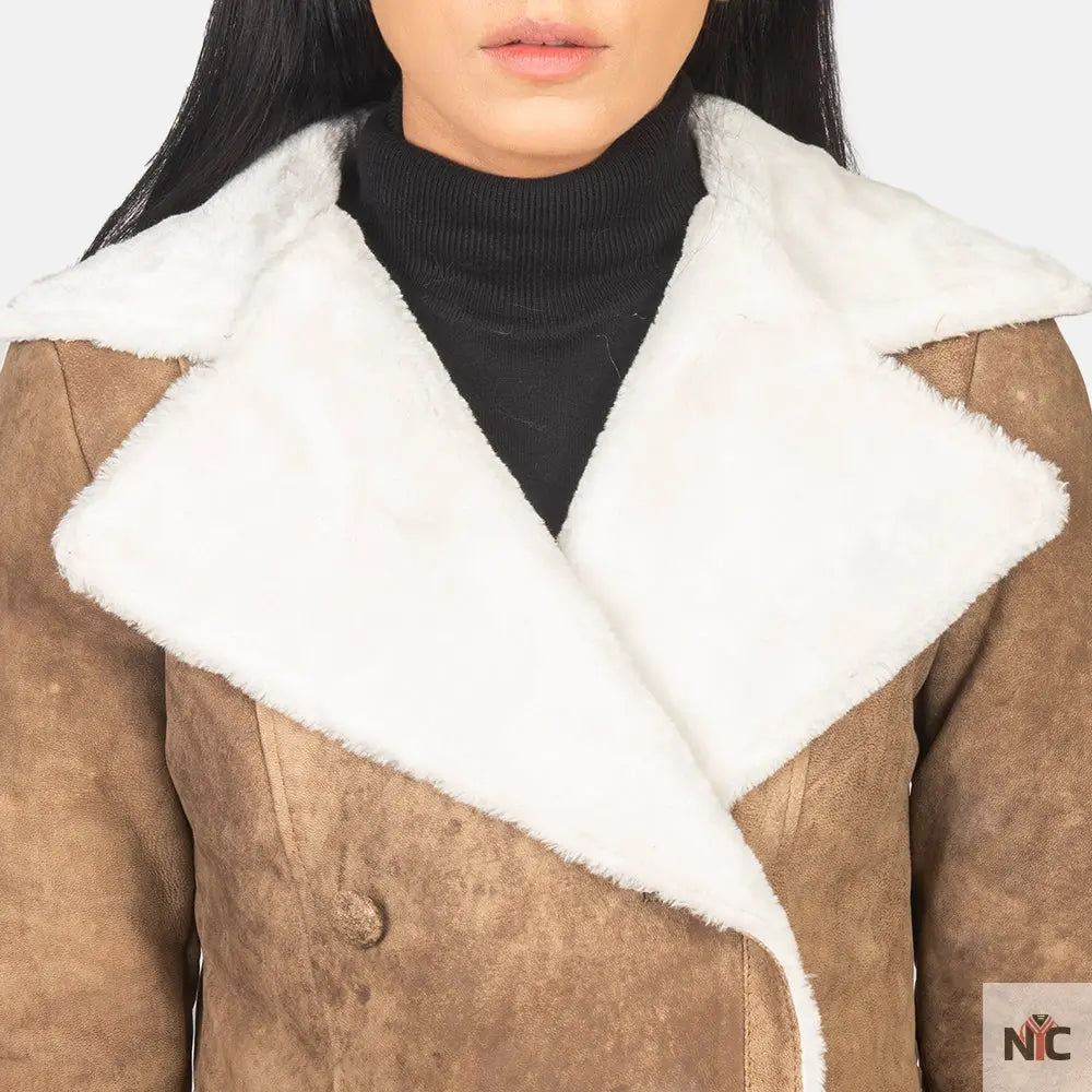 Amie Distressed Brown Double Breasted Shearling Coat NYC Jackets