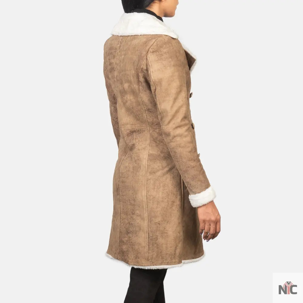 Amie Distressed Brown Double Breasted Shearling Coat NYC Jackets