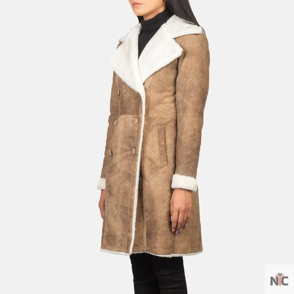 Amie Distressed Brown Double Breasted Shearling Coat NYC Jackets