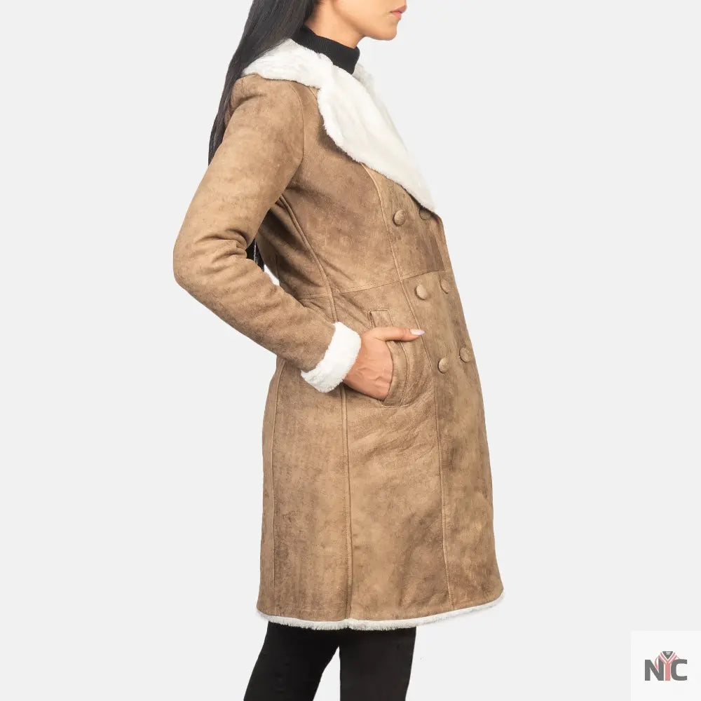 Amie Distressed Brown Double Breasted Shearling Coat NYC Jackets