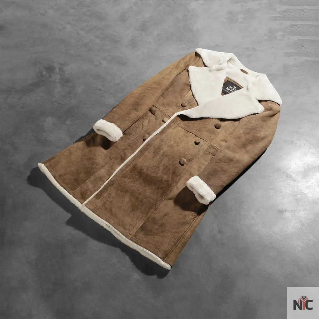 Amie Distressed Brown Double Breasted Shearling Coat NYC Jackets