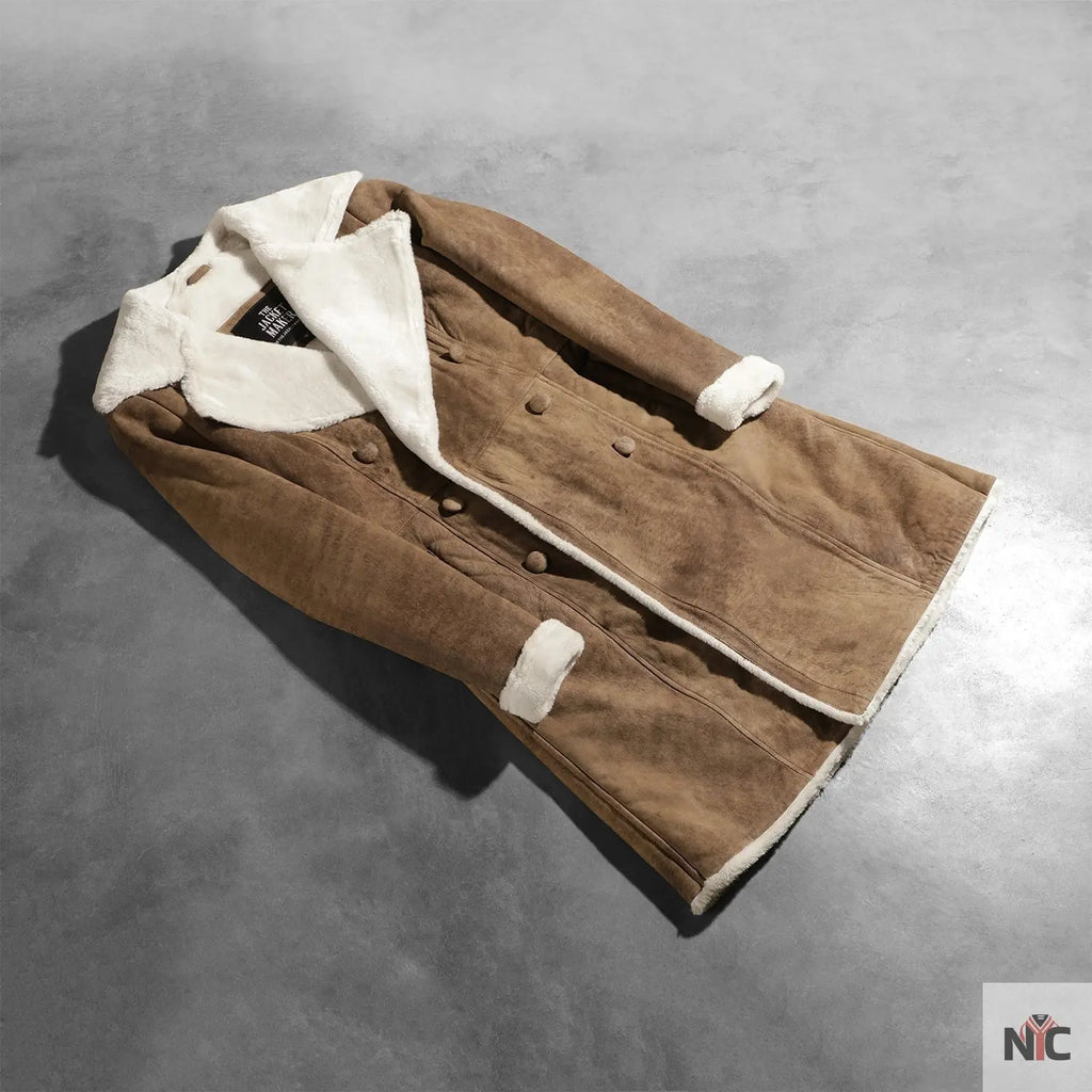 Amie Distressed Brown Double Breasted Shearling Coat NYC Jackets