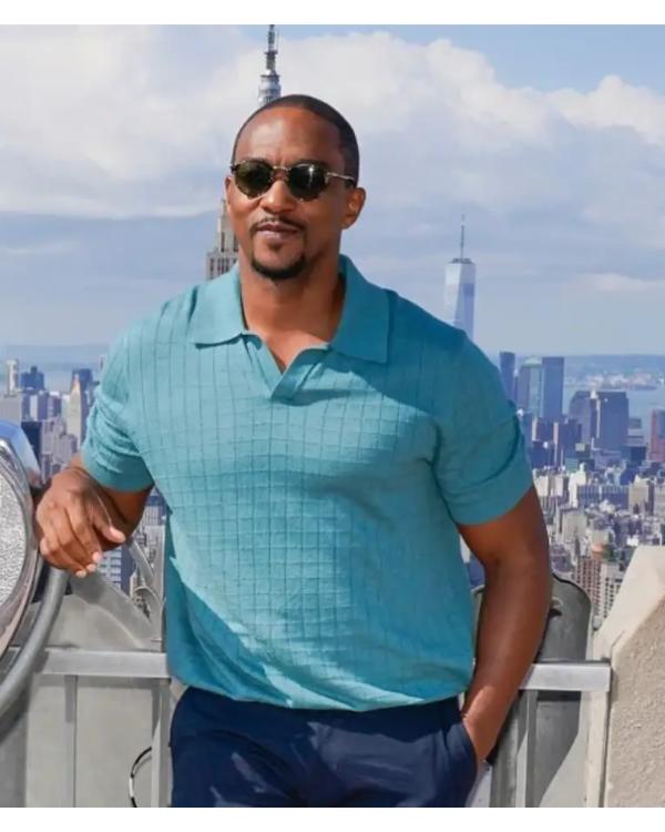 Anthony Mackie Twisted Metal S02 Photo Call Blue Polo Shirt NYC Jackets