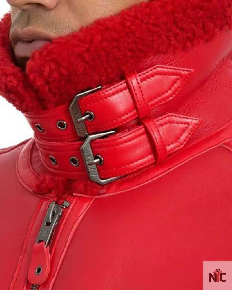 Avirex B3 Bomber Red Shearling Leather Jacket NYC Jackets
