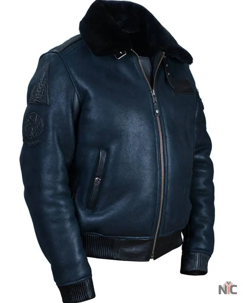 B-15 Fast Eagle Sheepskin Navy Blue Flight Jacket NYC Jackets