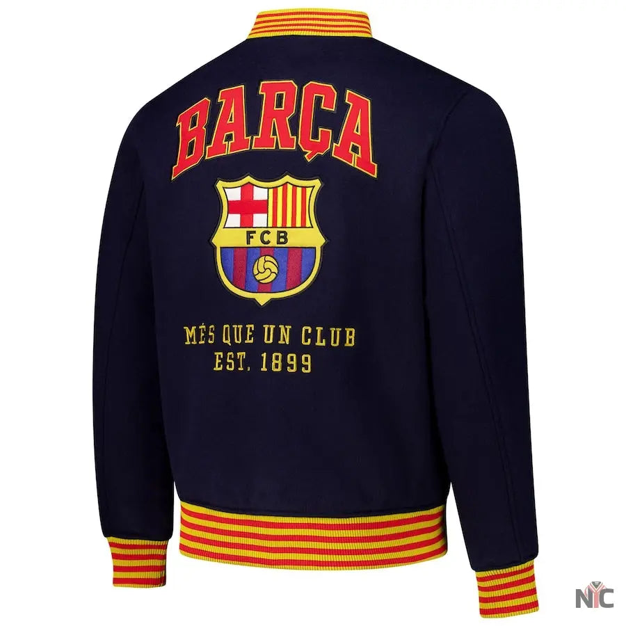 Barcelona Supporter's Full-Snap Varsity Jacket - Navy NYC Jackets