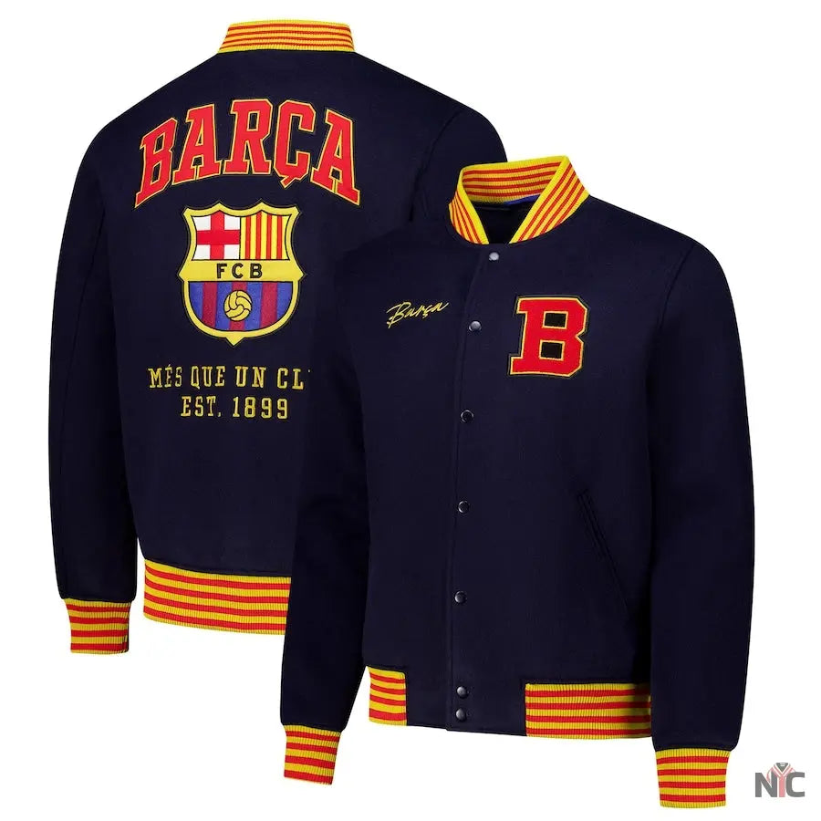 Barcelona Supporter's Full-Snap Varsity Jacket - Navy NYC Jackets