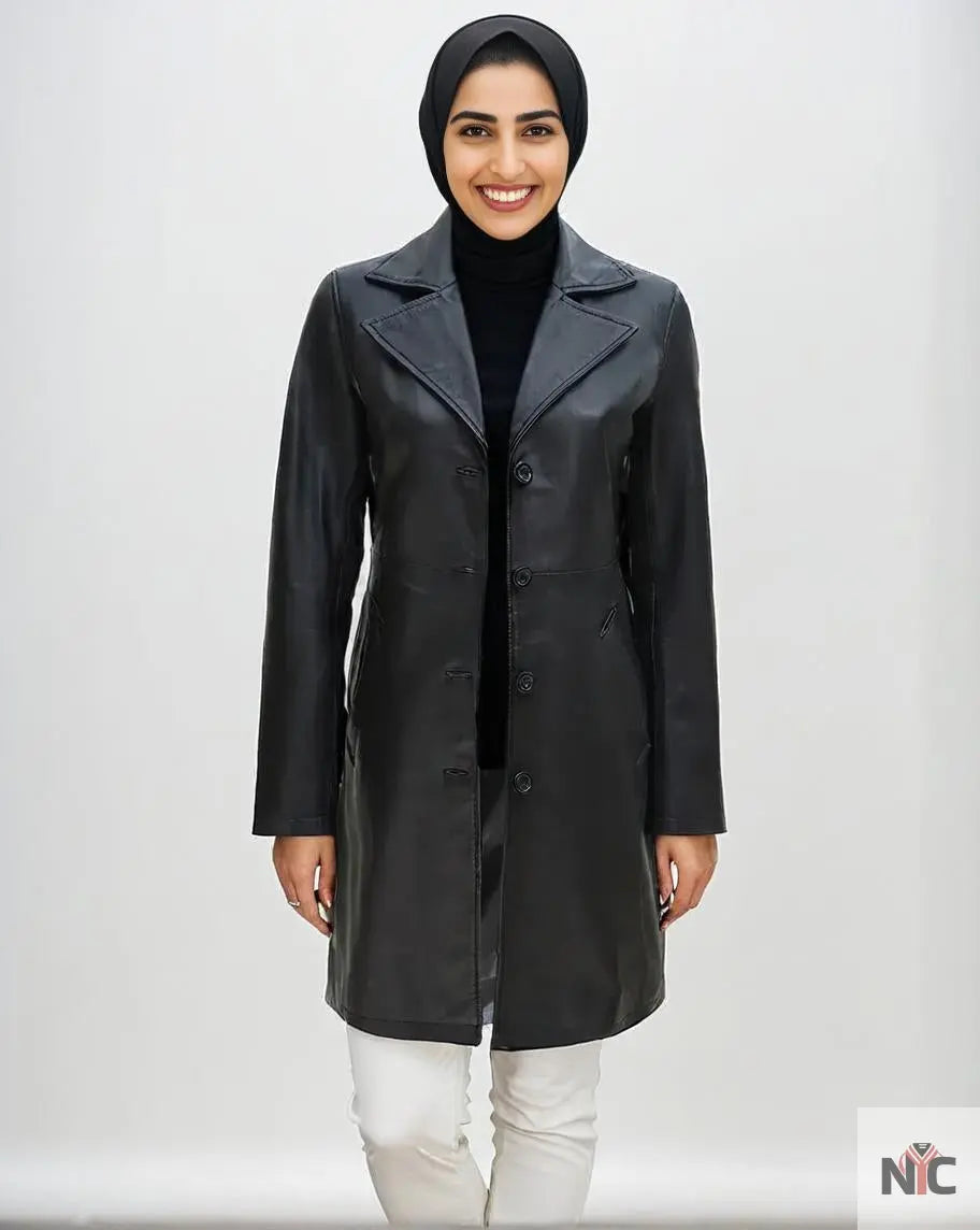 Black Real Leather Trench Car Coat for Women NYC Jackets