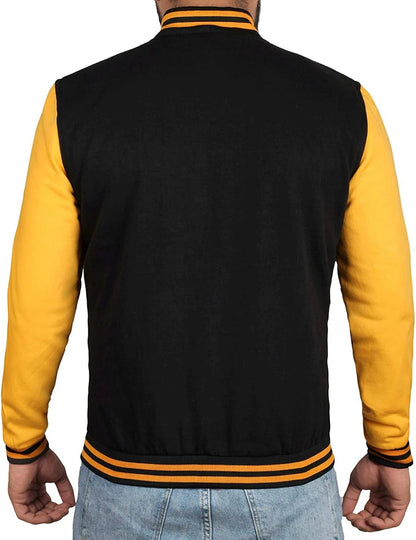 Men's Black and Yellow Varsity Bomber Jacket - Baseball Letterman Style