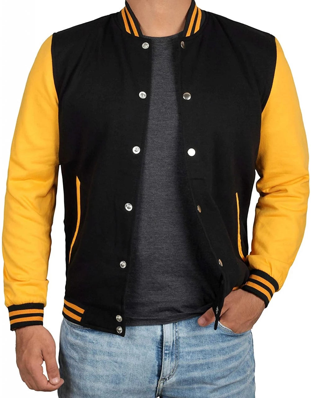 Men's Black and Yellow Varsity Bomber Jacket - Baseball Letterman Style