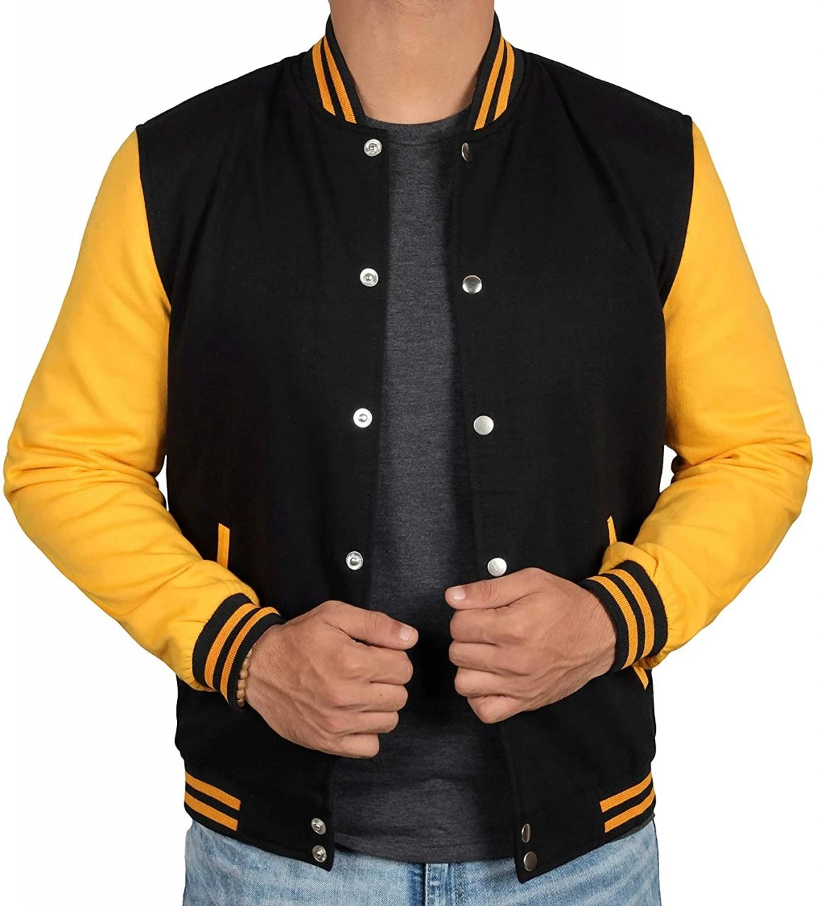 Men's Black and Yellow Varsity Bomber Jacket - Baseball Letterman Style