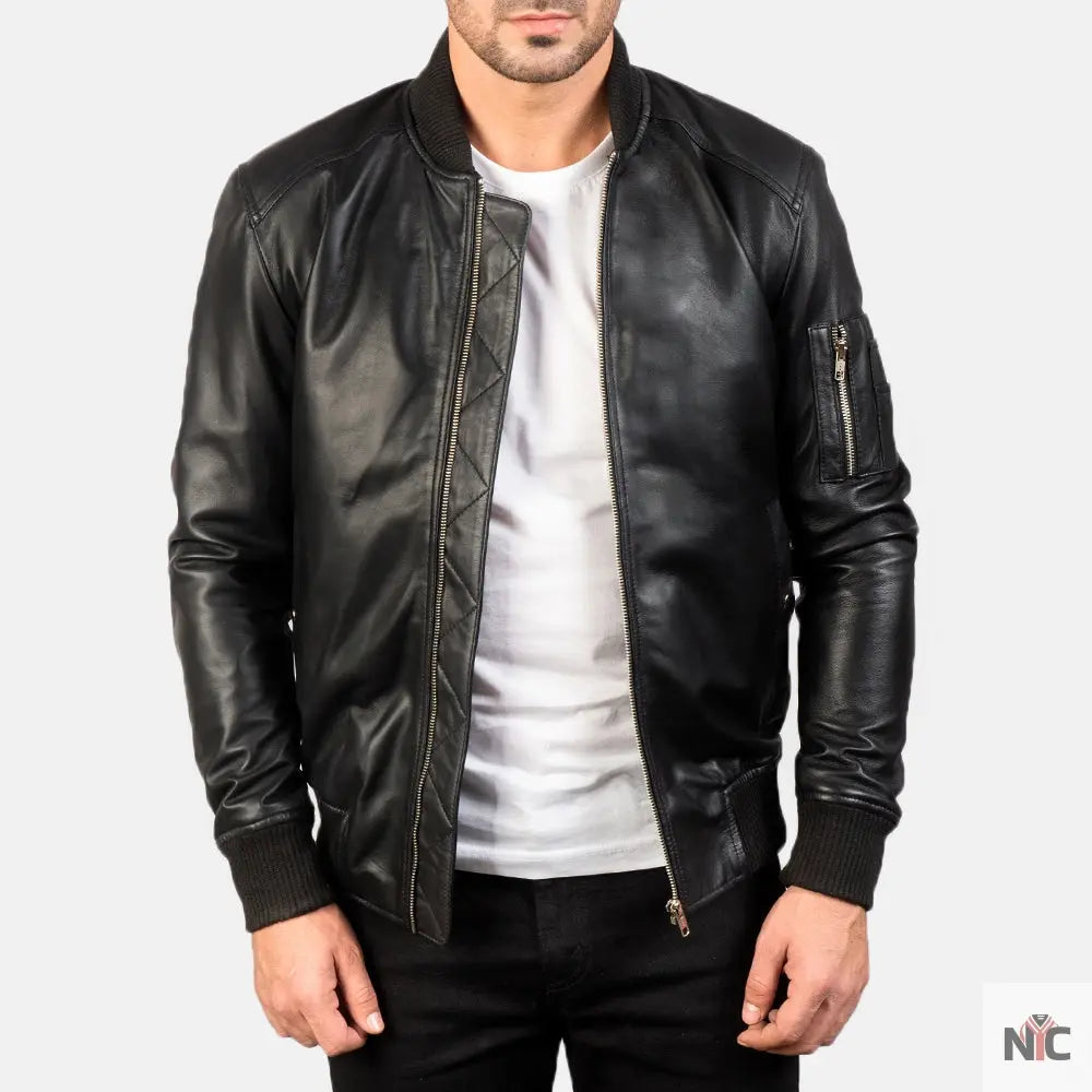 Bomia Ma-1 Black Leather Bomber Jacket NYC Jackets