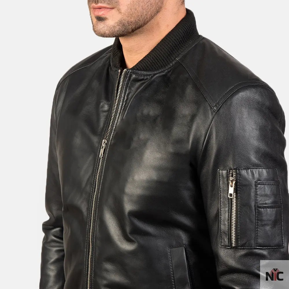 Bomia Ma-1 Black Leather Bomber Jacket NYC Jackets