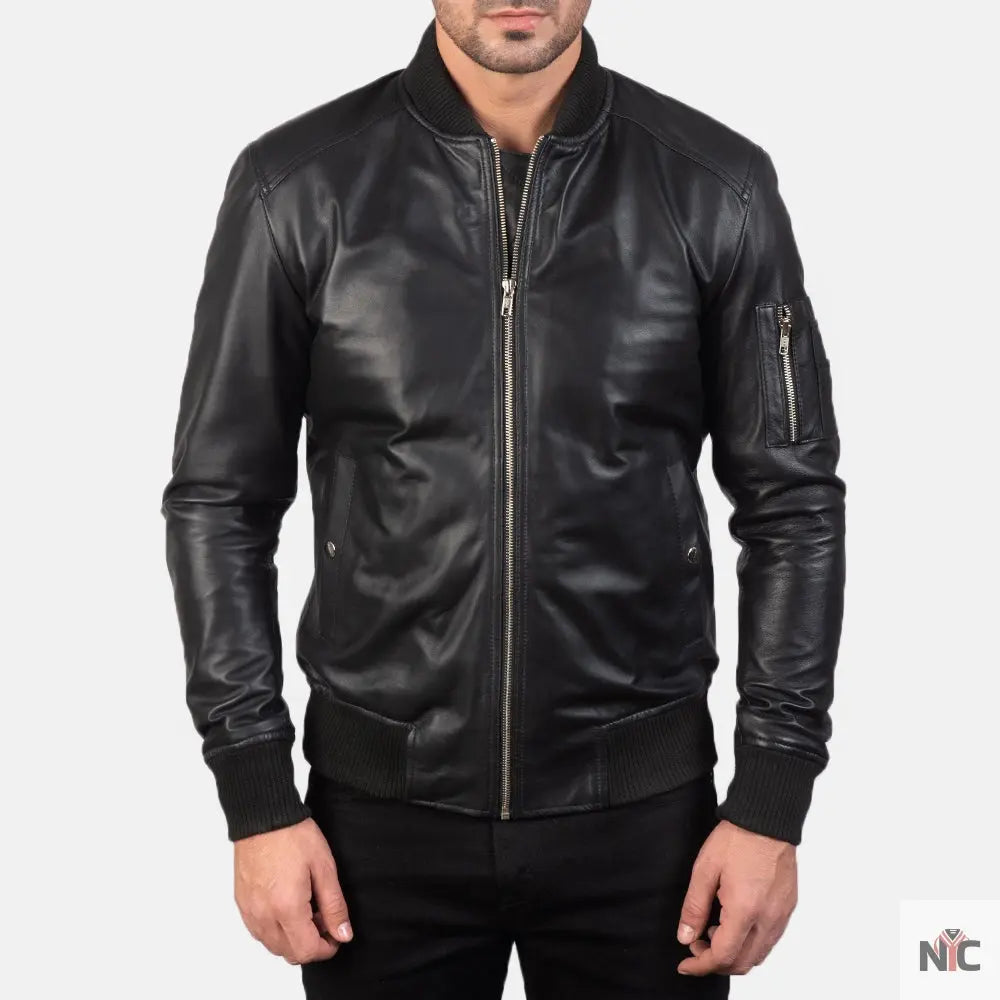 Bomia Ma-1 Black Leather Bomber Jacket NYC Jackets