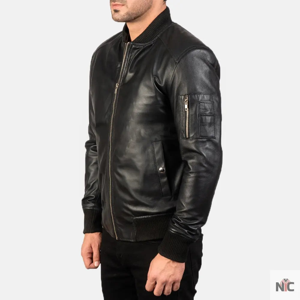 Bomia Ma-1 Black Leather Bomber Jacket NYC Jackets