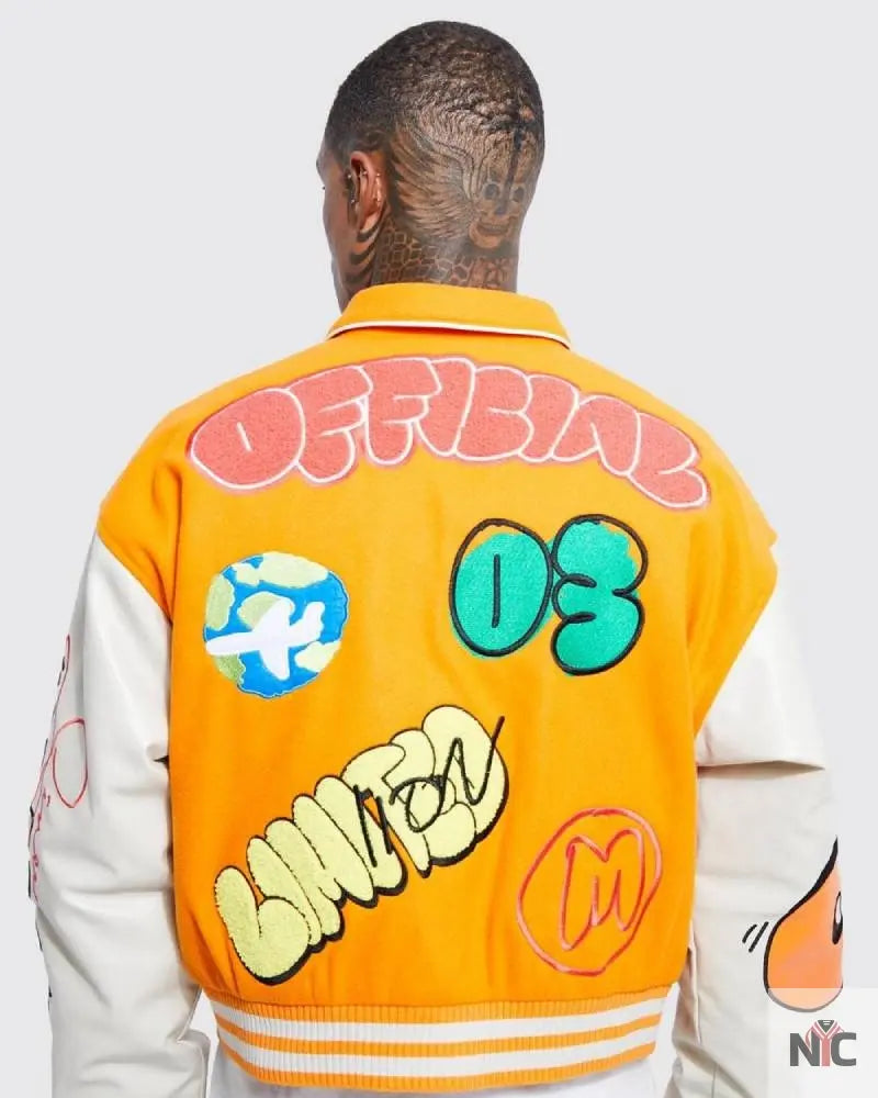 Boxy Fit Graffiti Orange Varsity Jacket NYC Jackets