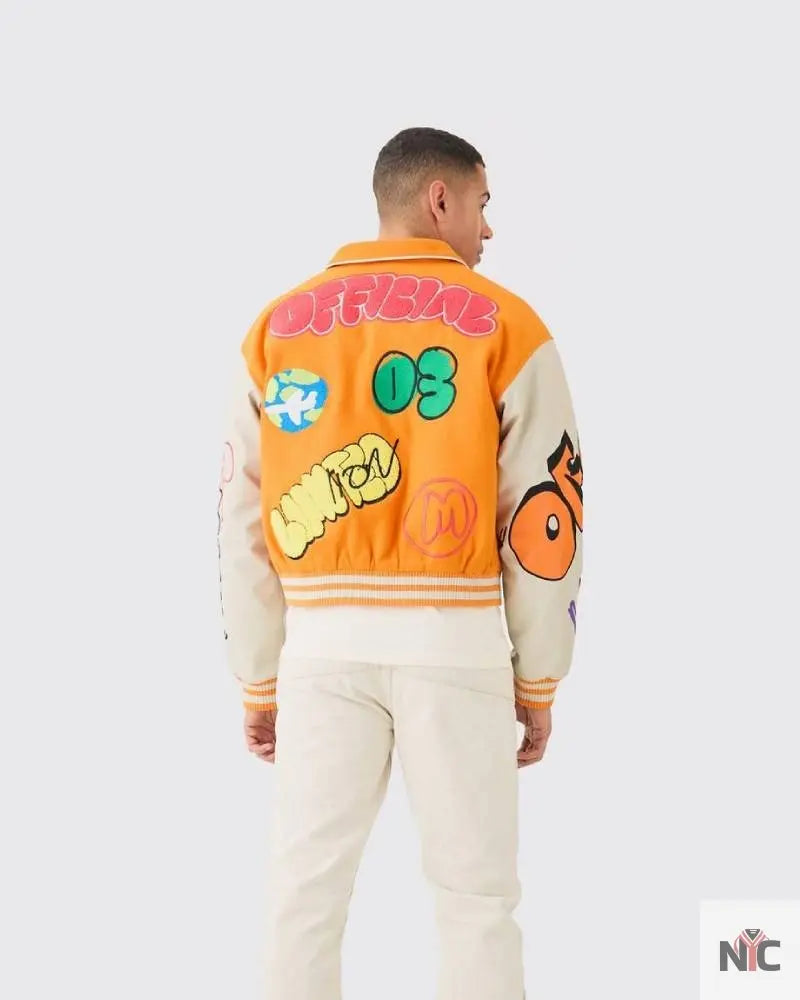 Boxy Fit Graffiti Orange Varsity Jacket NYC Jackets
