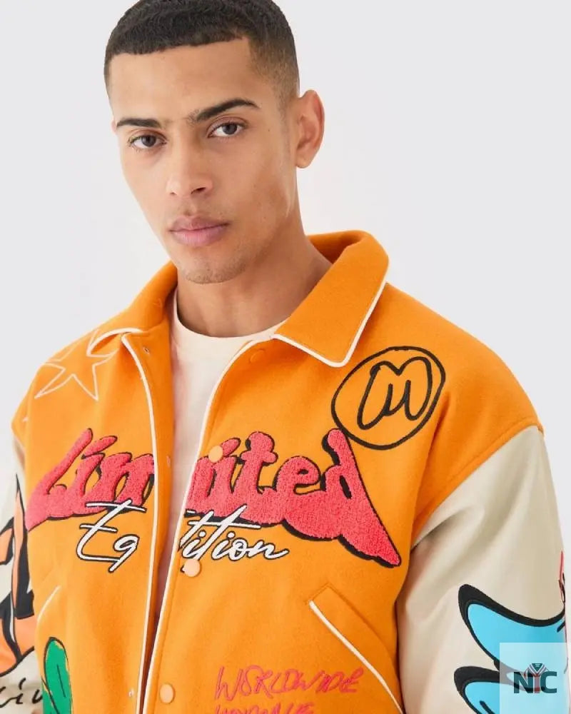 Boxy Fit Graffiti Orange Varsity Jacket NYC Jackets