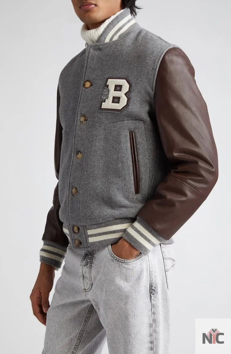 Brunello Cucinelli Wool & Leather Varsity Jacket NYC Jackets