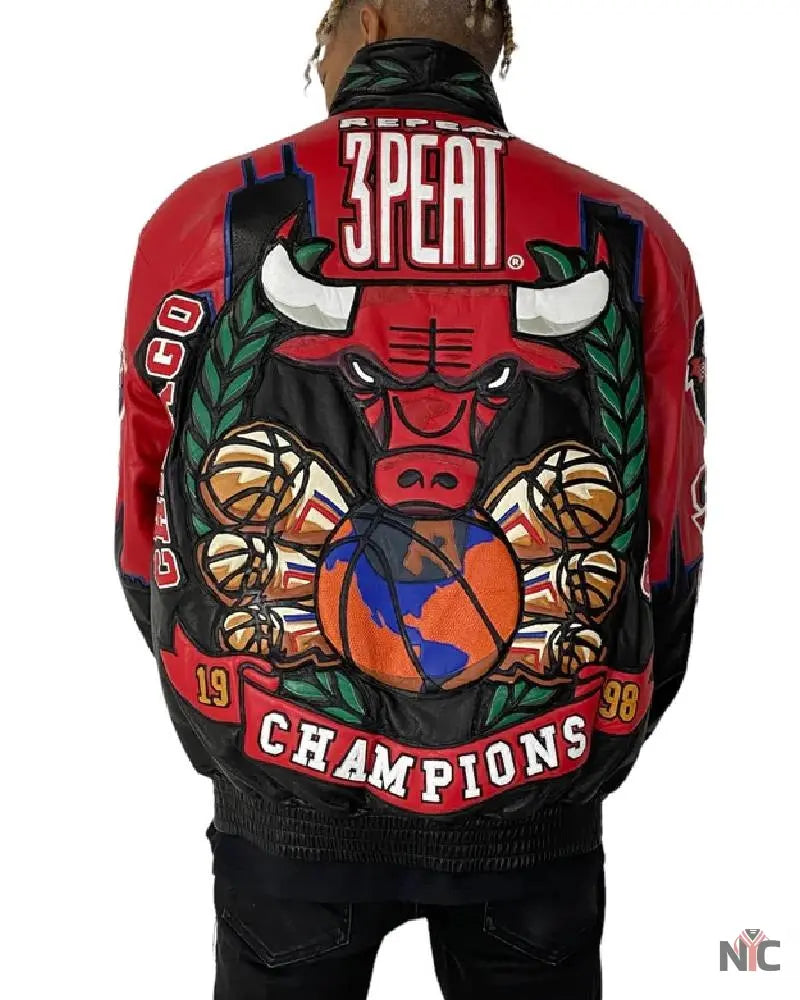 Chicago Bulls 3-Peat Championship Genuine Leather Jacket NYC Jackets