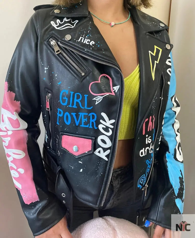 Custom Text Jacket Painted Faux Leather Motorcycle Jacket Danger NYC Jackets