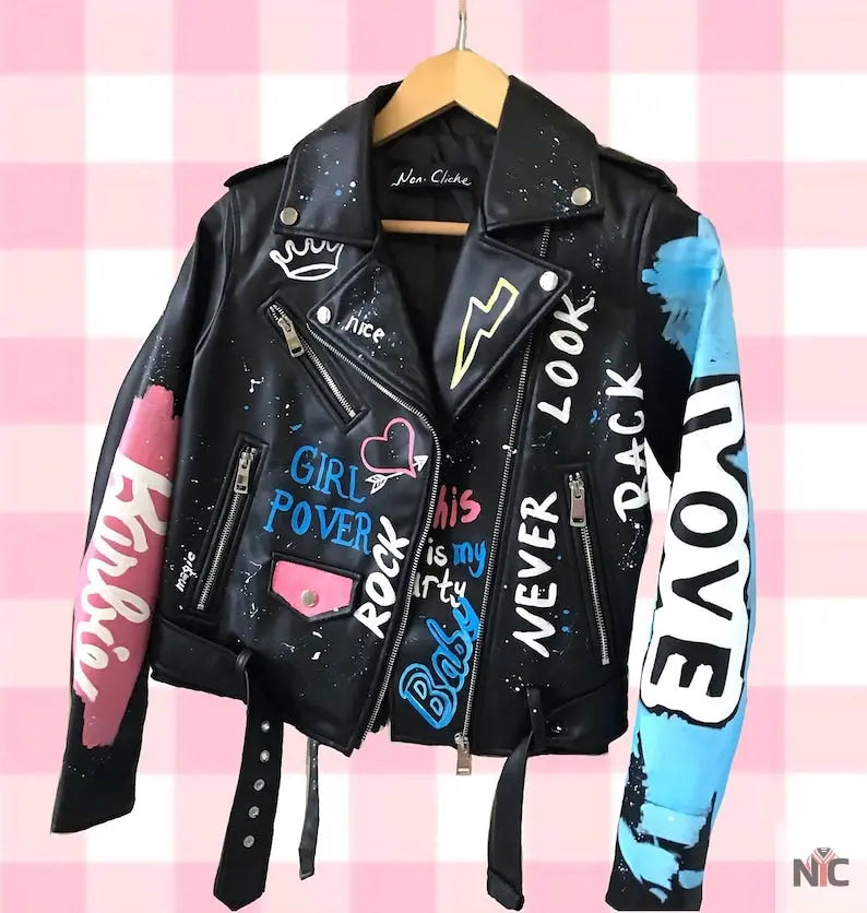 Custom Text Jacket Painted Faux Leather Motorcycle Jacket Danger NYC Jackets