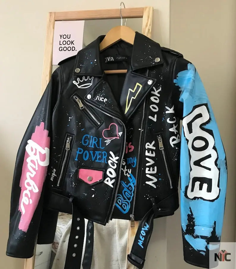 Custom Text Jacket Painted Faux Leather Motorcycle Jacket Danger NYC Jackets