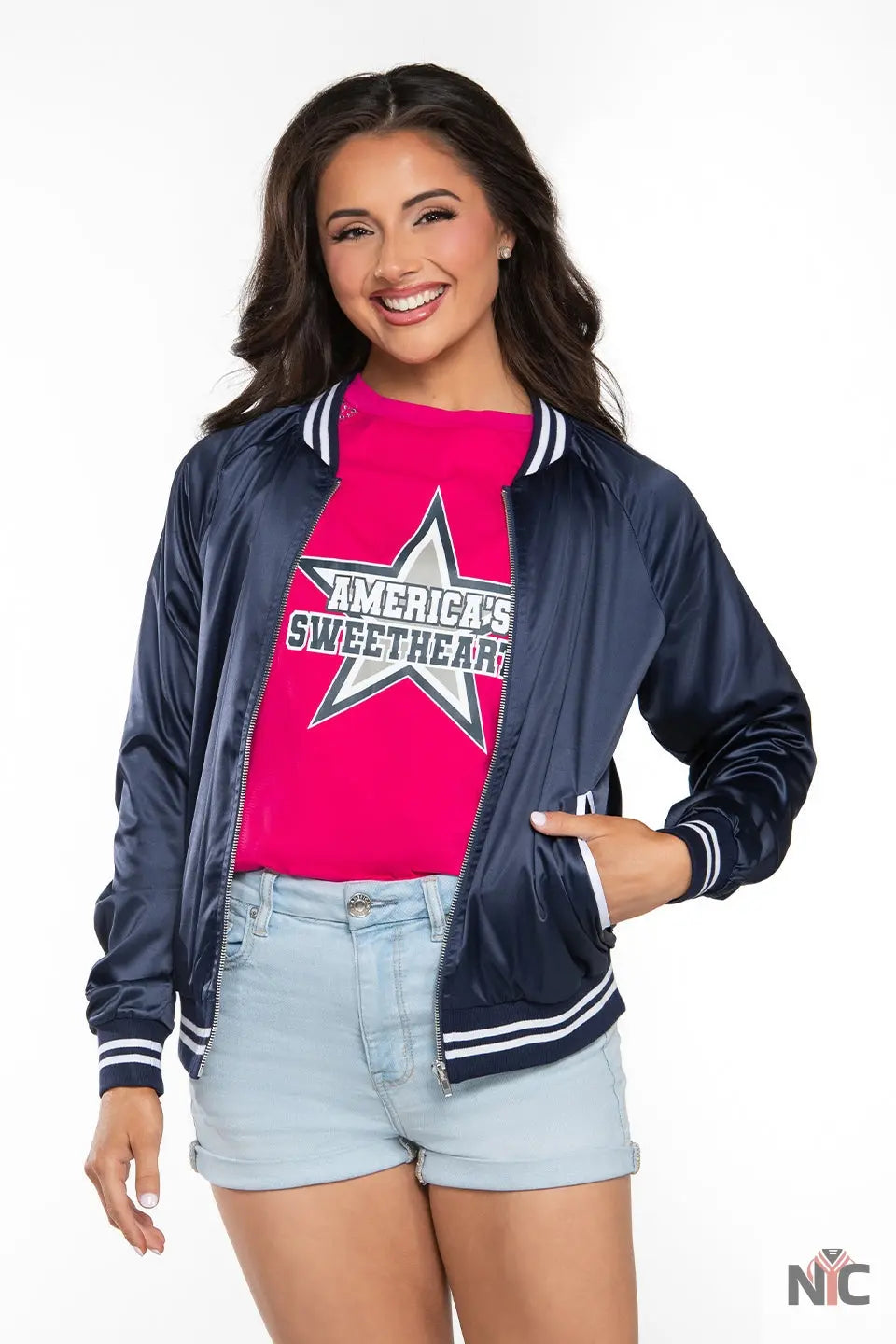 DCC Satin Bomber Jacket in Navy NYC Jackets