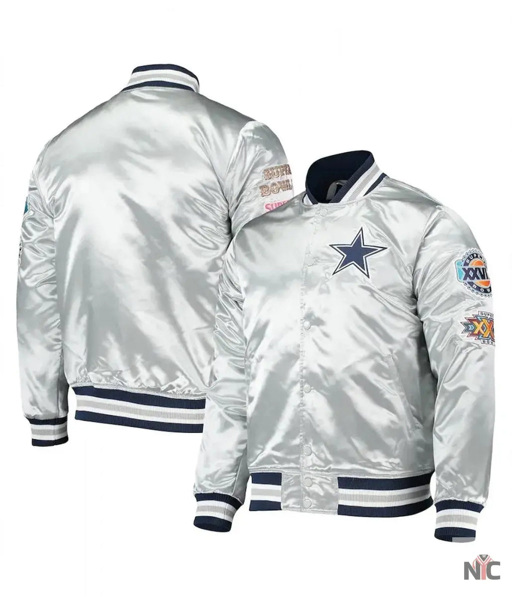 Dallas Cowboys Silver Satin Jacket NYC Jackets
