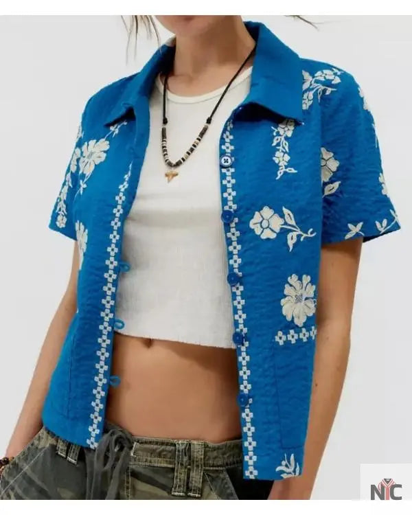 Days of our Lives Felicity Greene Blue Floral Embroidered Shirt NYC Jackets