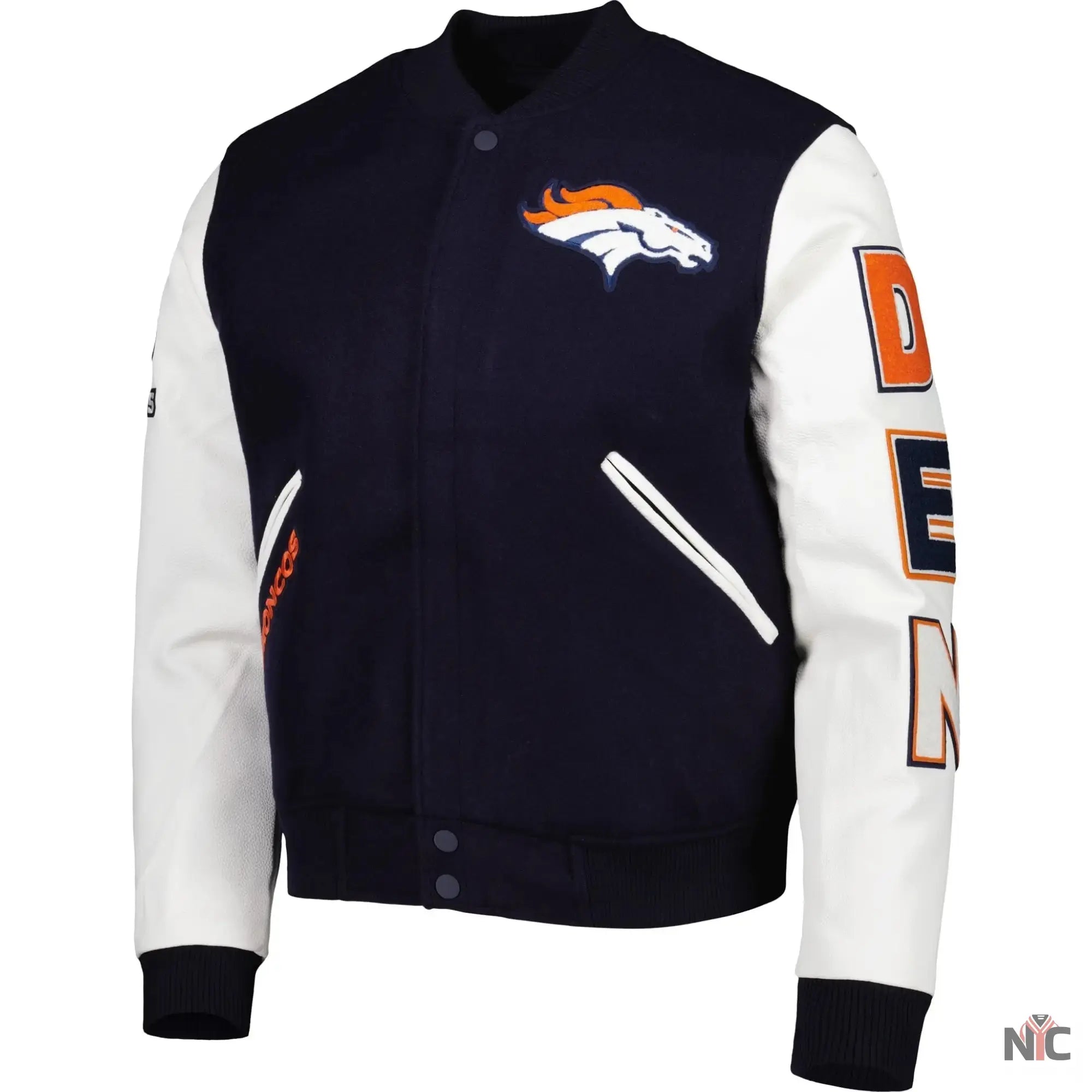 Denver Broncos Navy and White Varsity Jacket NYC Jackets