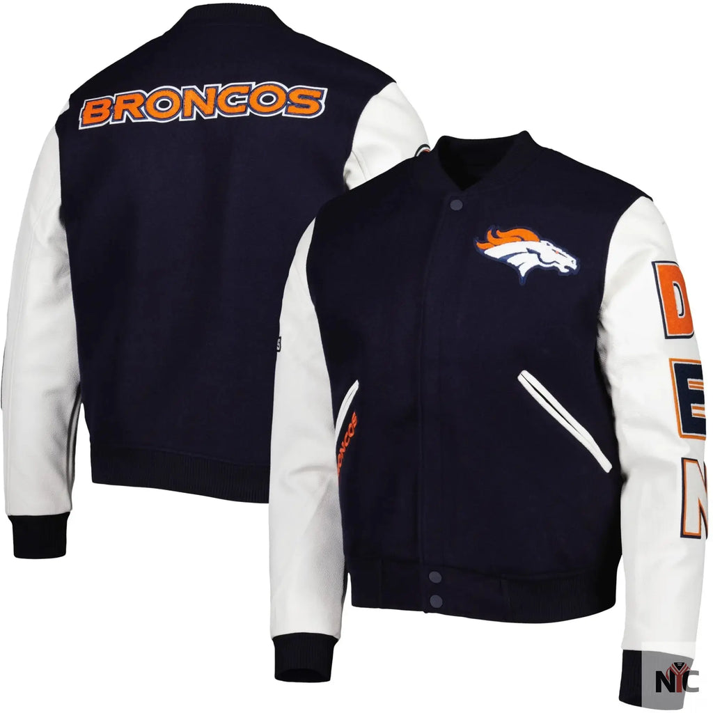 Denver Broncos Navy and White Varsity Jacket NYC Jackets