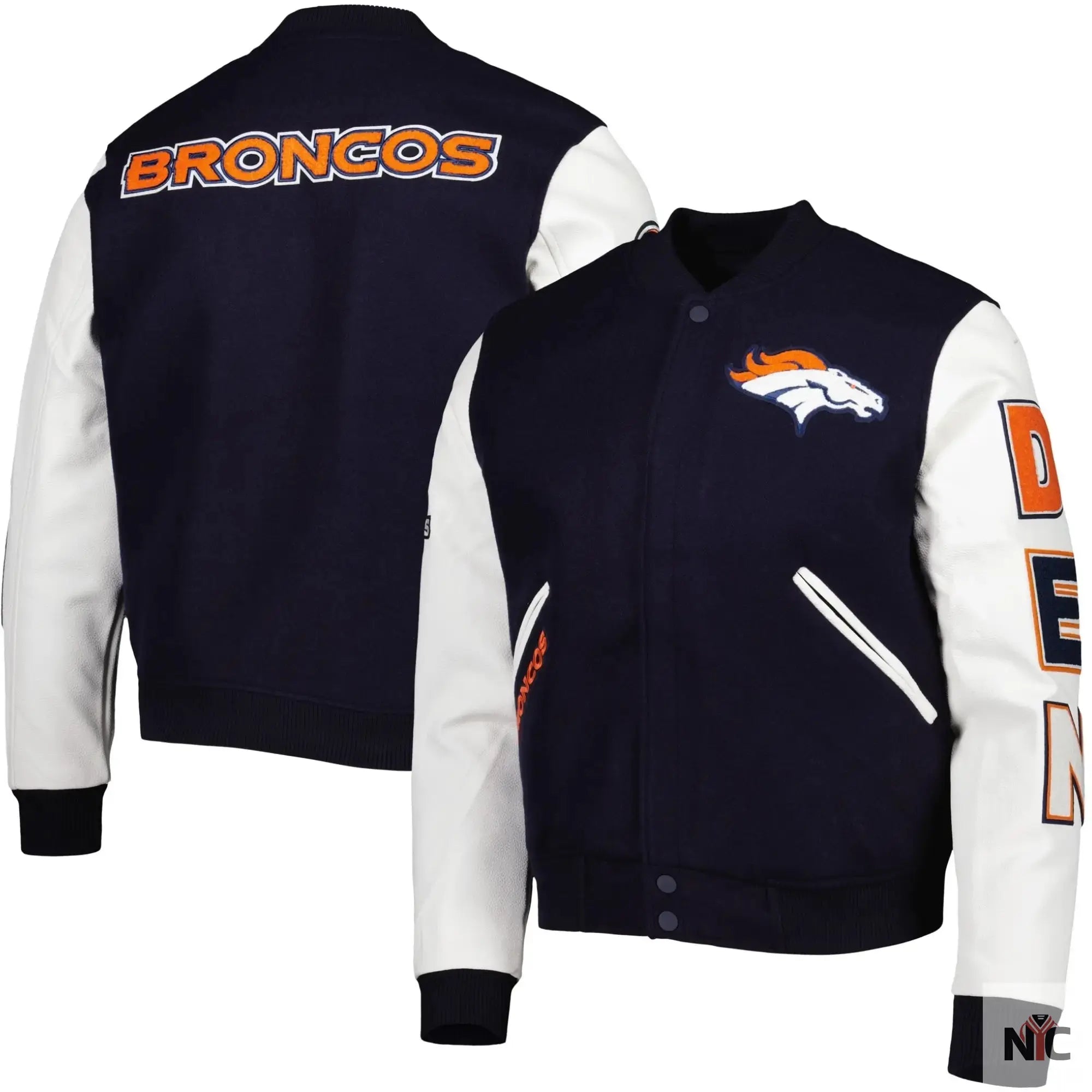 Denver Broncos Navy and White Varsity Jacket NYC Jackets