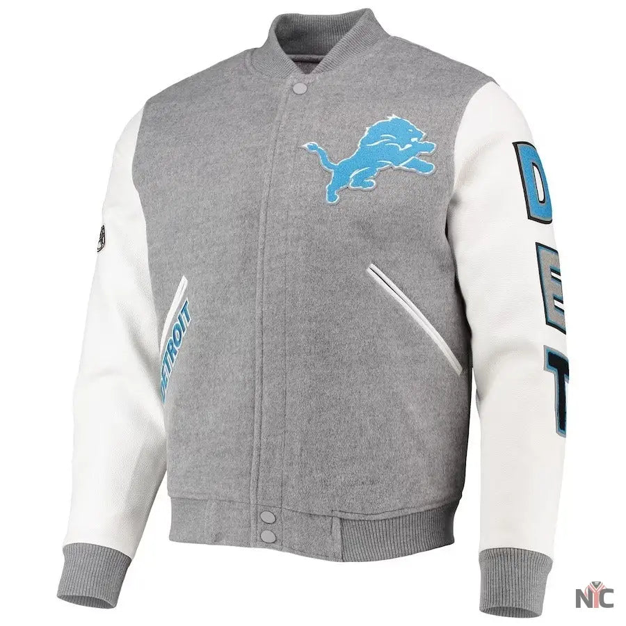 Detroit Lions Grey And White Varsity Jacket NYC Jackets