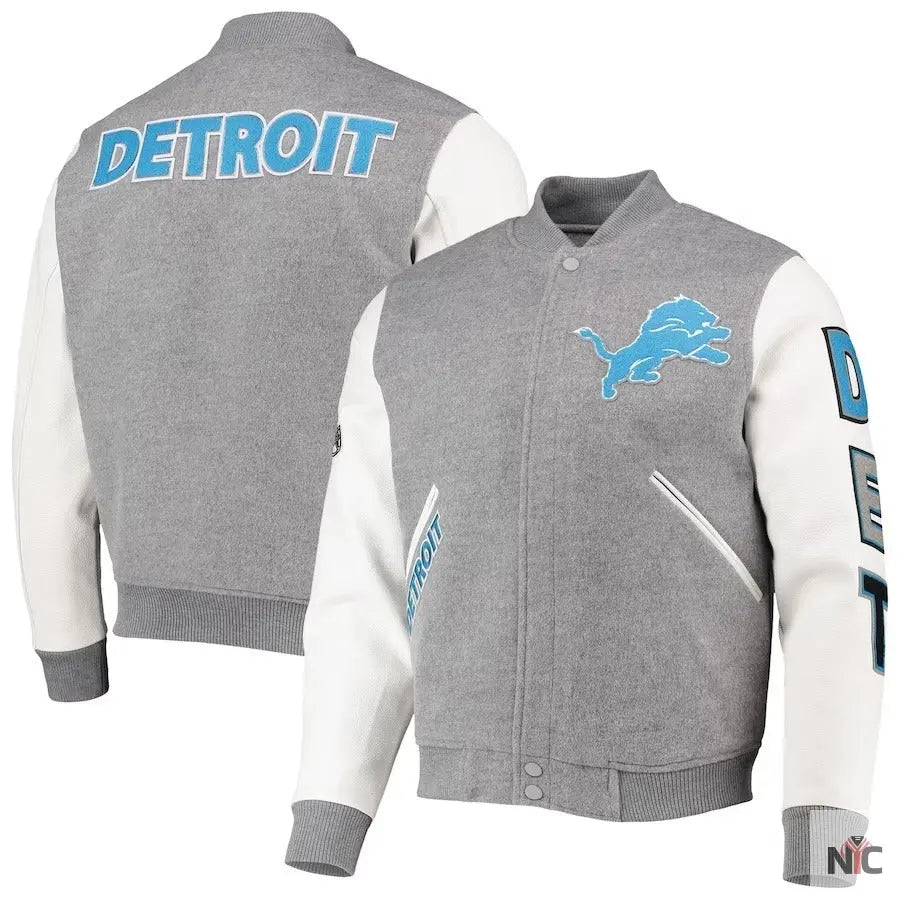 Detroit Lions Grey And White Varsity Jacket NYC Jackets