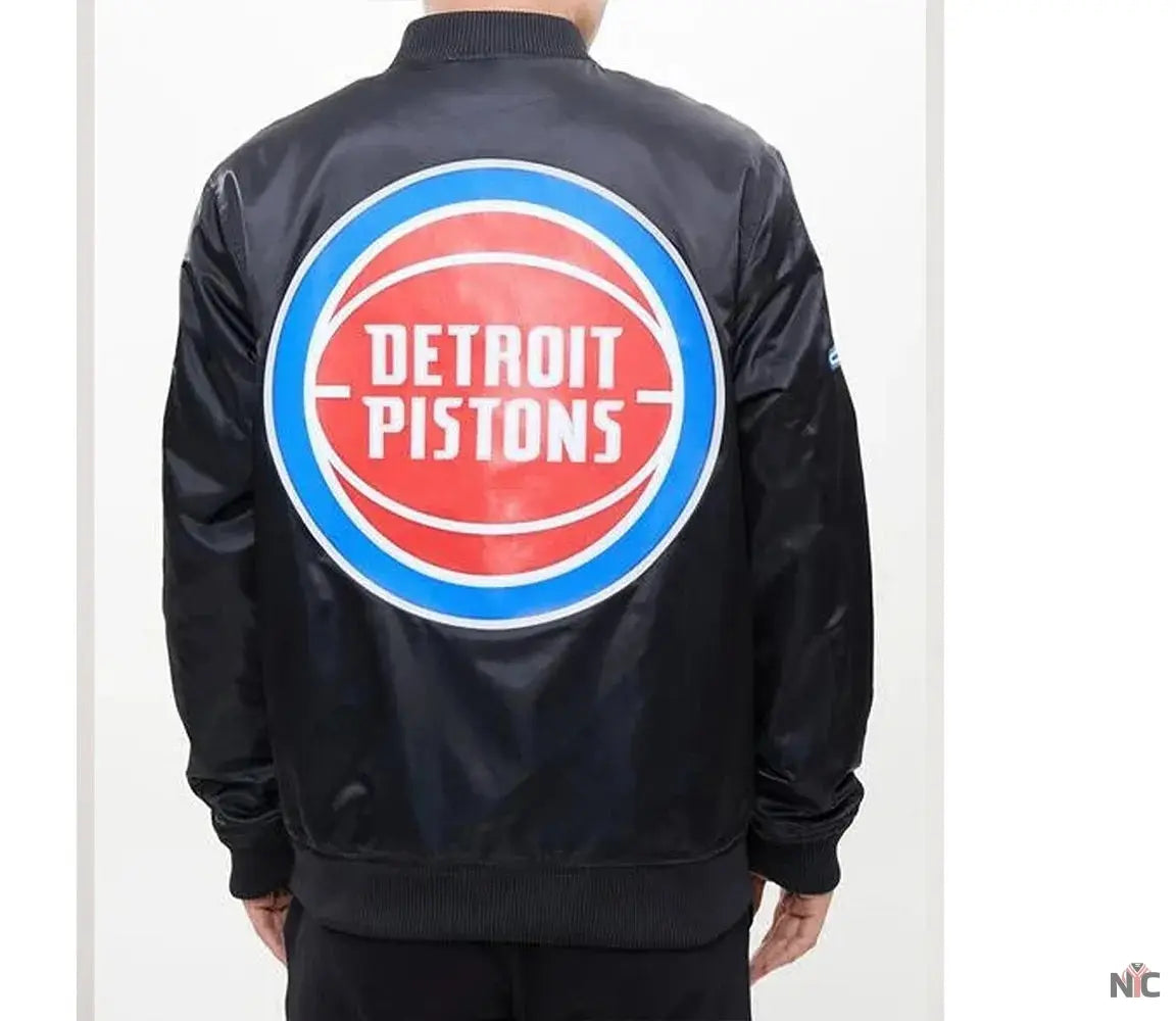 Detroit Pistons Big Logo Black Satin Jacket NYC Jackets